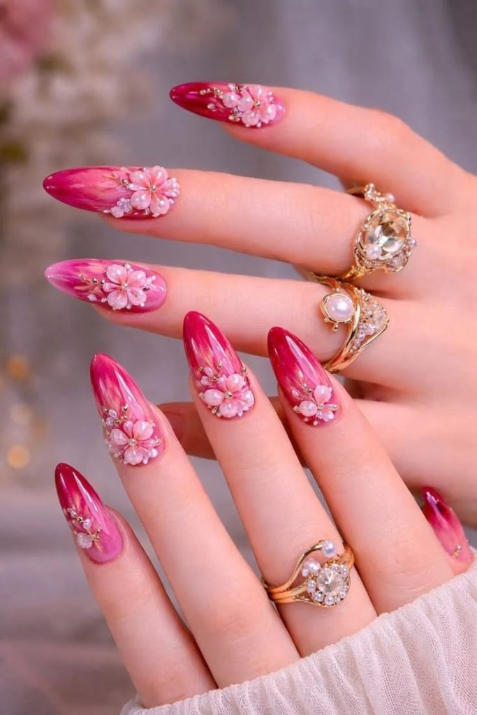 Elegant bridal nails with delicate Christmas poinsettias.