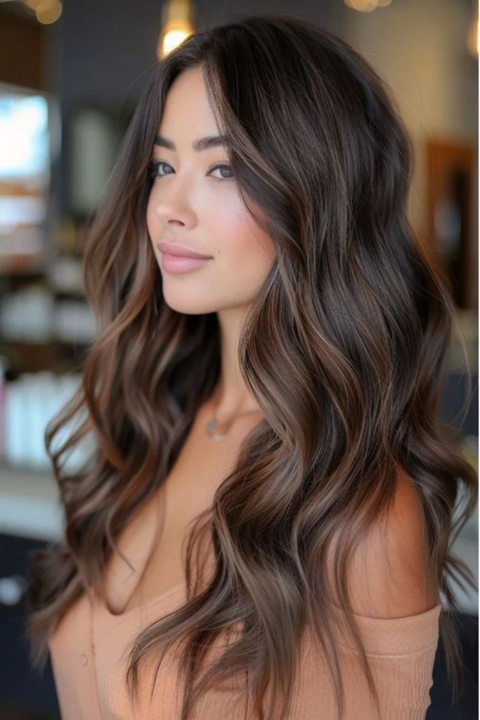 Espresso beige ribbons through dark hair.