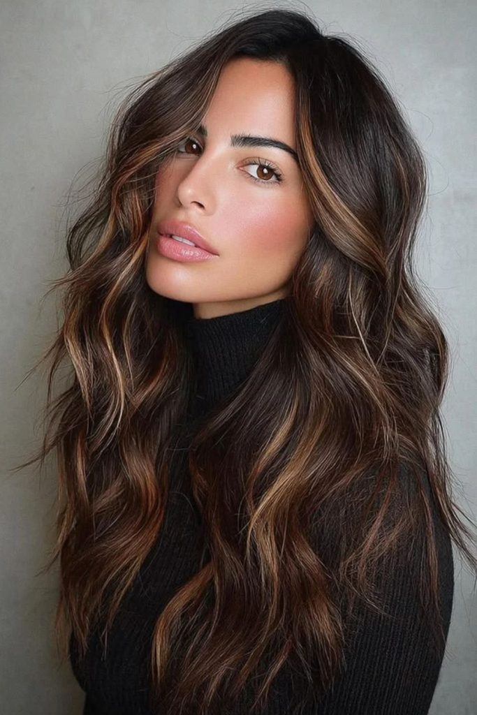 Espresso hair with caramel highlight ribbons.