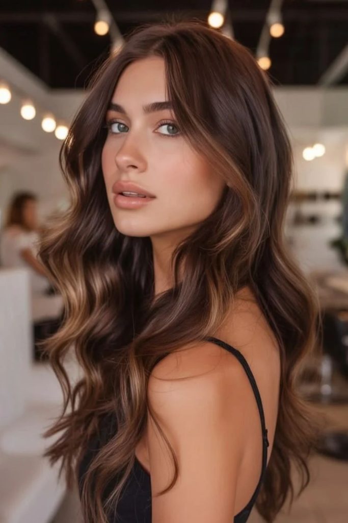 Espresso hair with face framing highlights.
