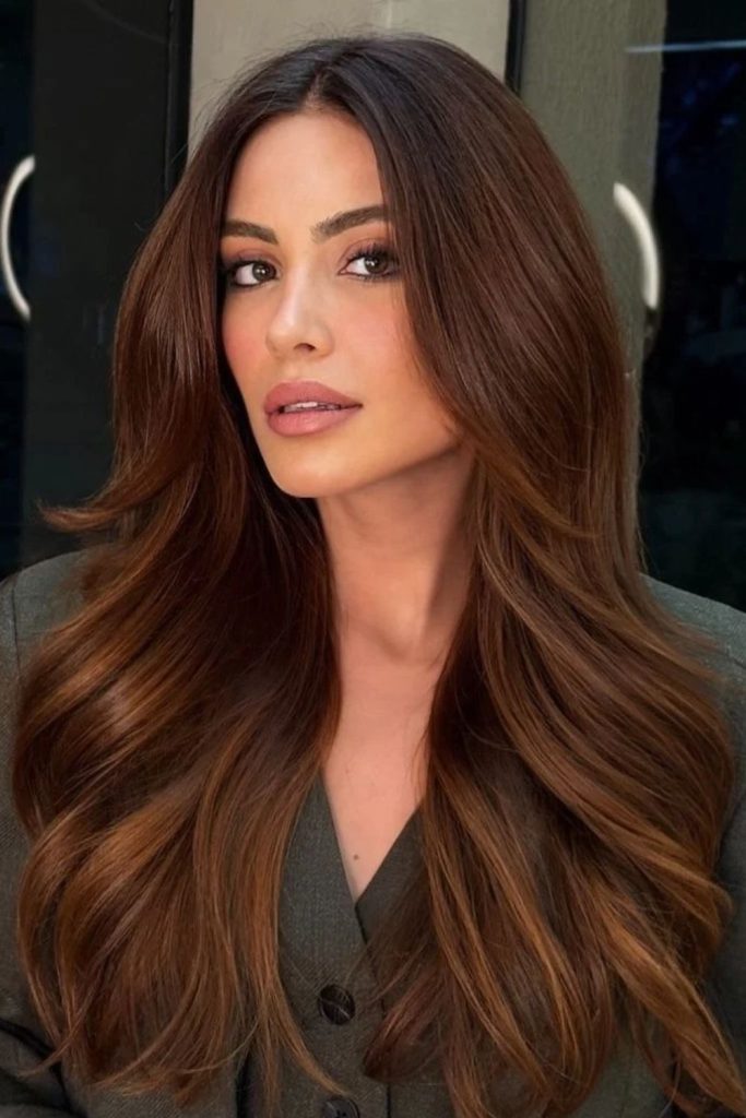 Espresso golden brown sunlit hairstyle.