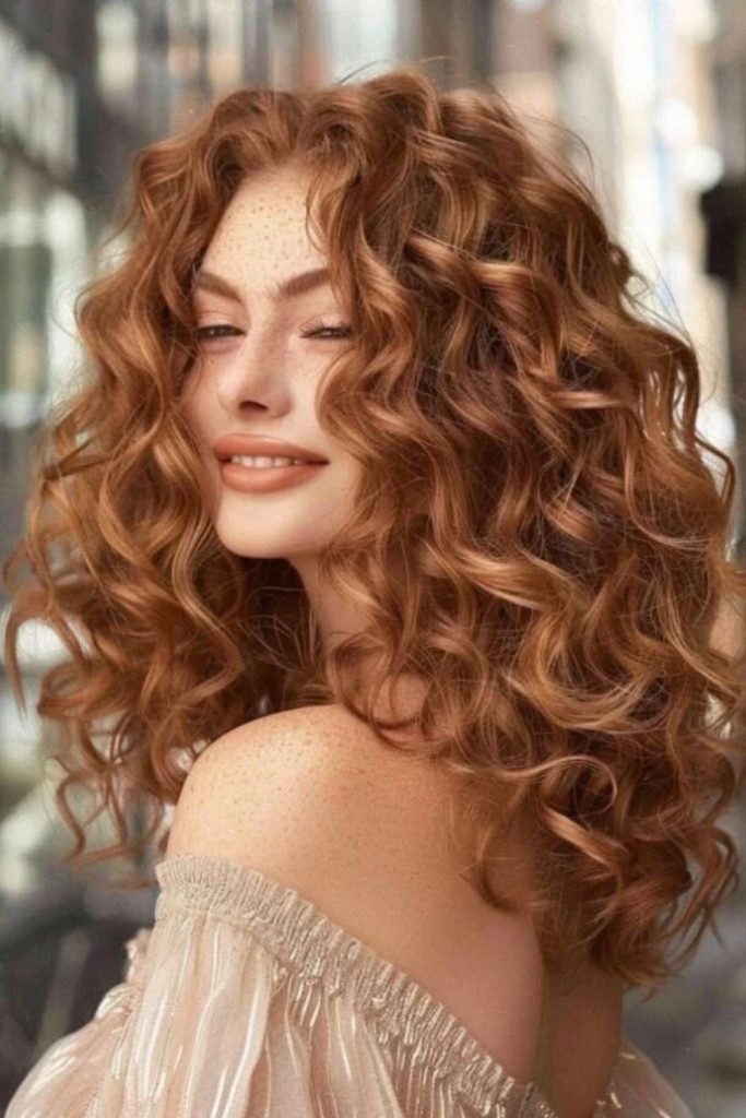 Gingerbread curly hair with caramel accents.