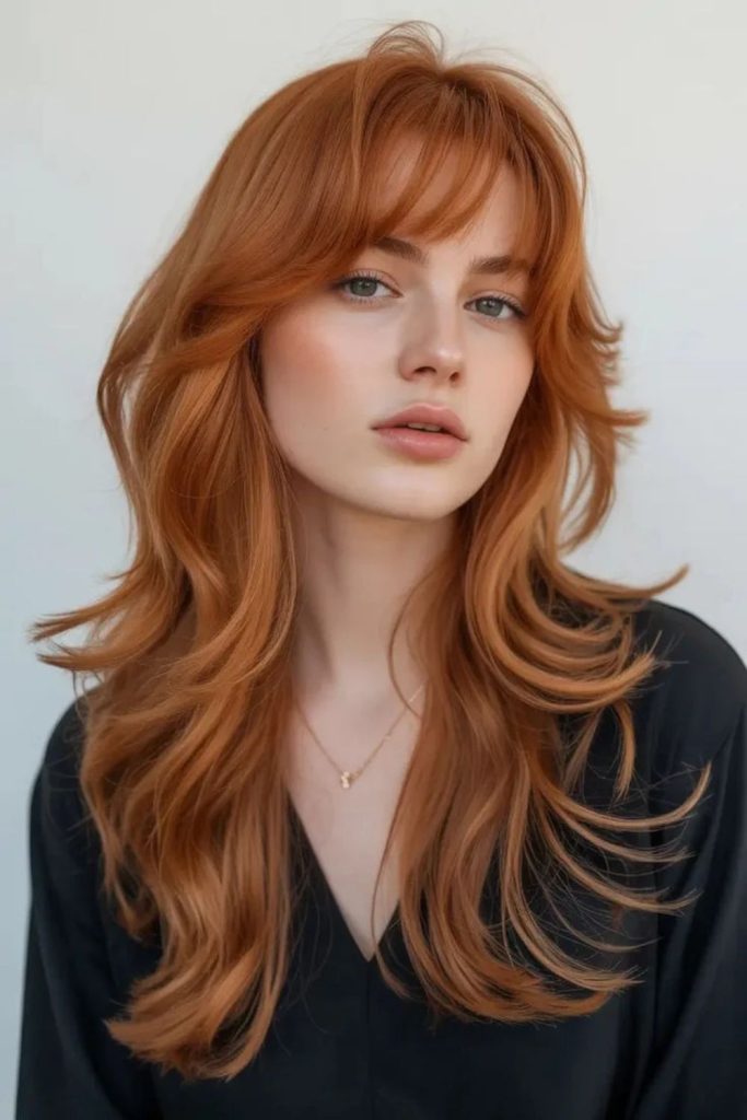Gingerbread hair with soft curtain bangs.