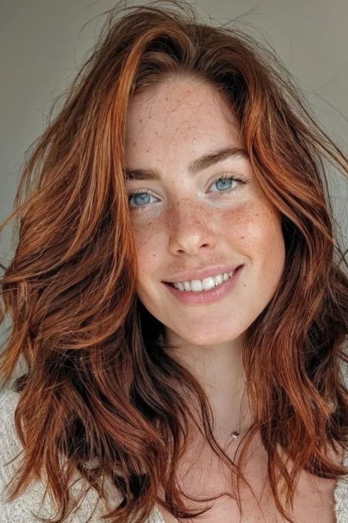 Gingerbread highlights on glossy black hair.