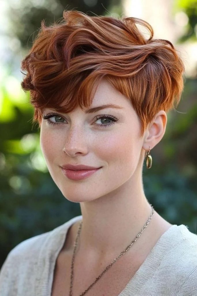 Gingerbread pixie cut with copper accents.