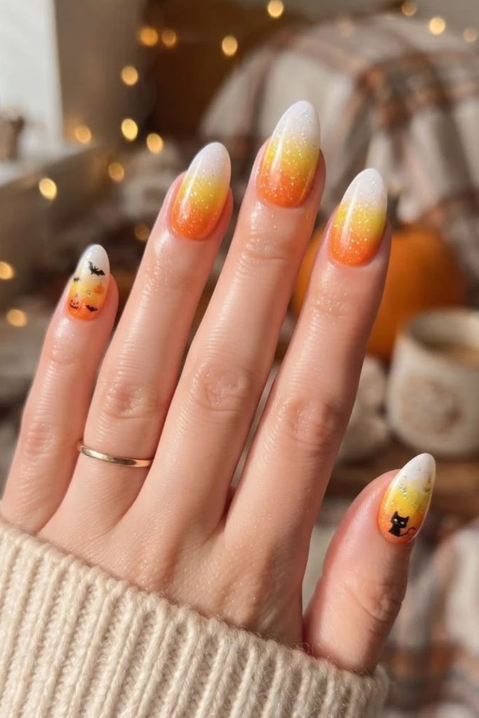 Glittery candy corn nails with sparkling accents.