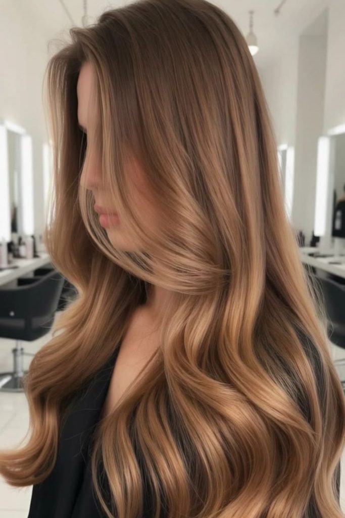 Glossy butterscotch silk hair with golden dimension.