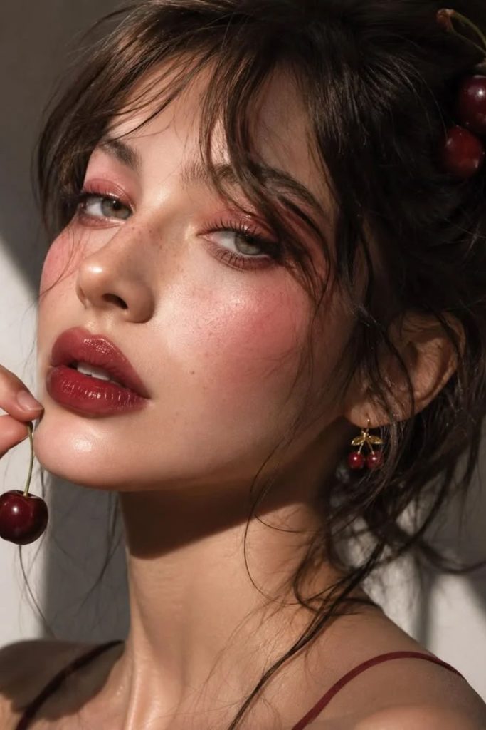 Glossy cherry bomb lips with shine.