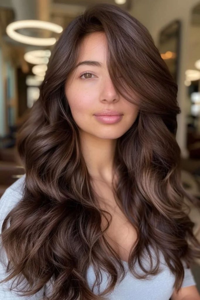 Glossy coffee bean brown straight hair.