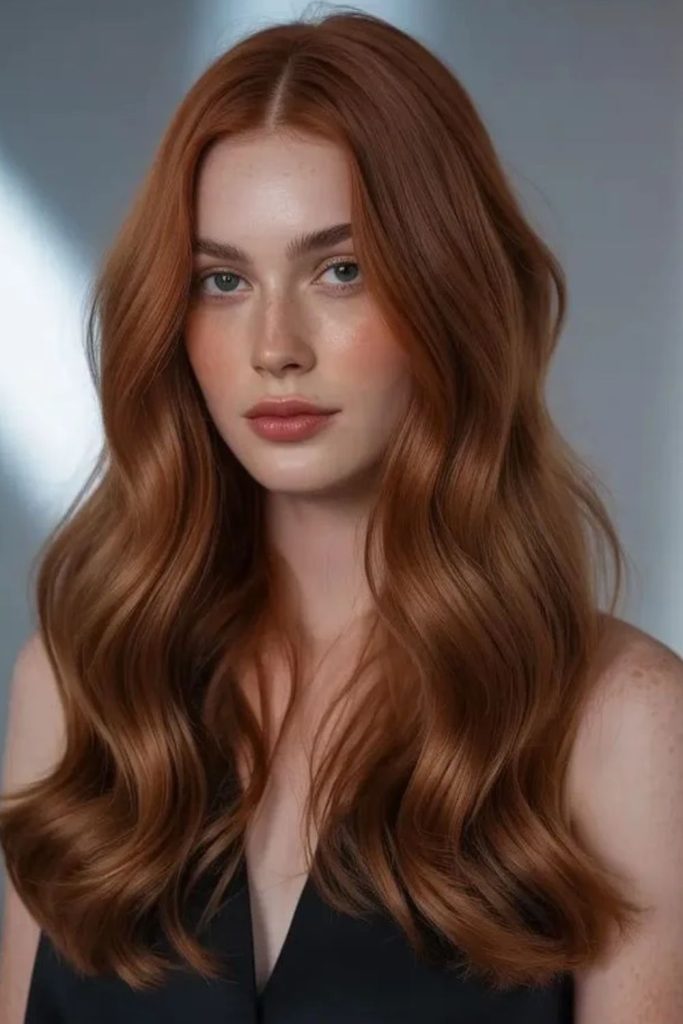 Glossy gingerbread silk with smooth brunette shine.
