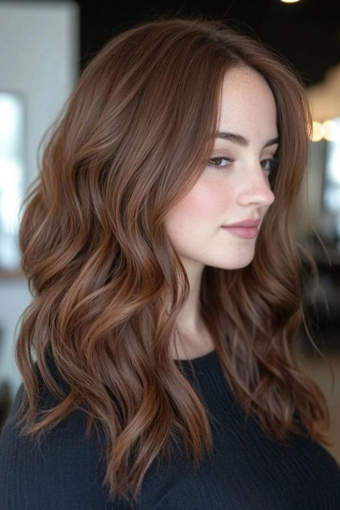 Glossy hazelnut brunette with rich shine.
