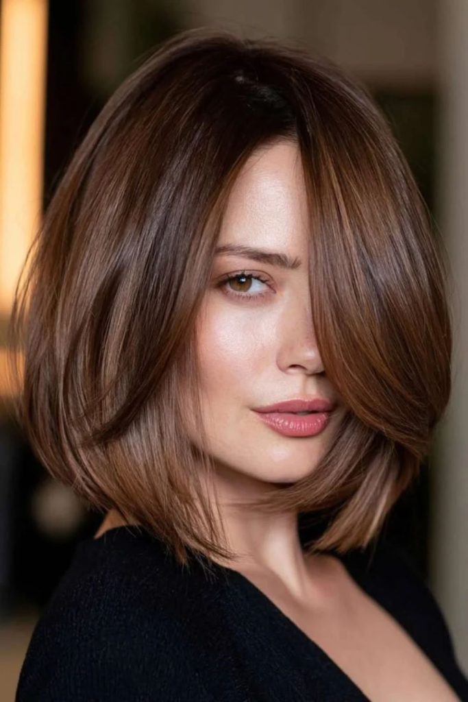 Glossy milk chocolate brunette bob haircut.