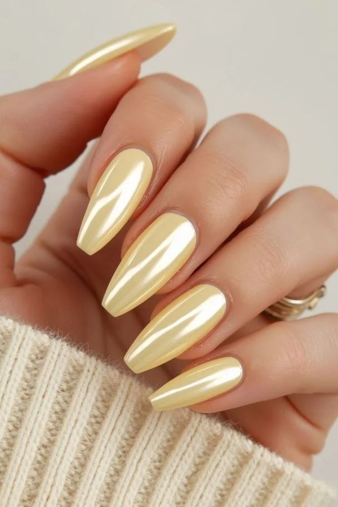Golden butter yellow shimmering manicure.