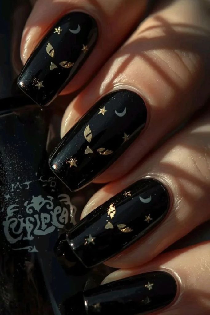 Golden black cat goddess nails
