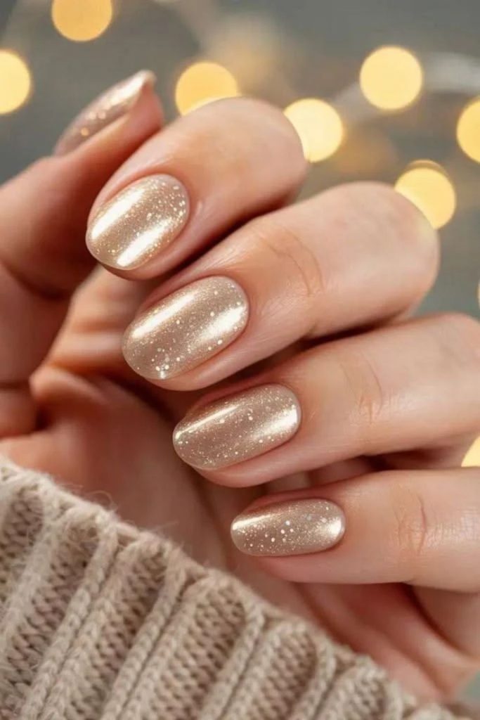 Golden Champagne Shimmer Nails with Radiant Glow.