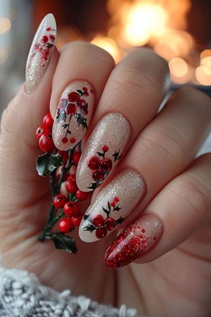 Golden poinsettia flowers on glamorous festive nails.