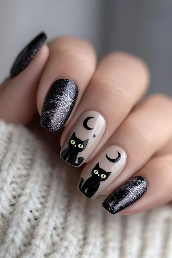 Gothic black cat whisker nails