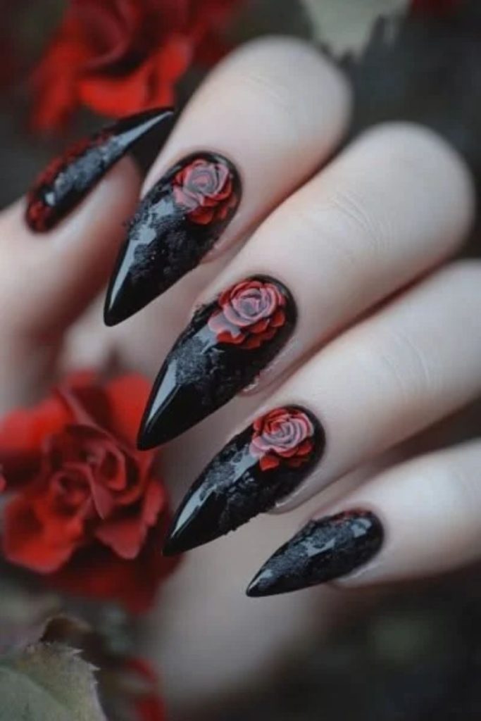 Gothic rose black cat nails