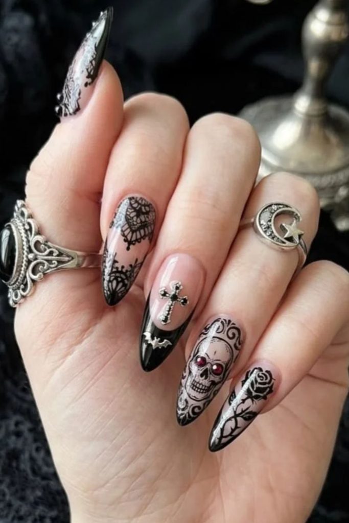 Gothic Skeleton Lace Nails with Delicate Black Patterns