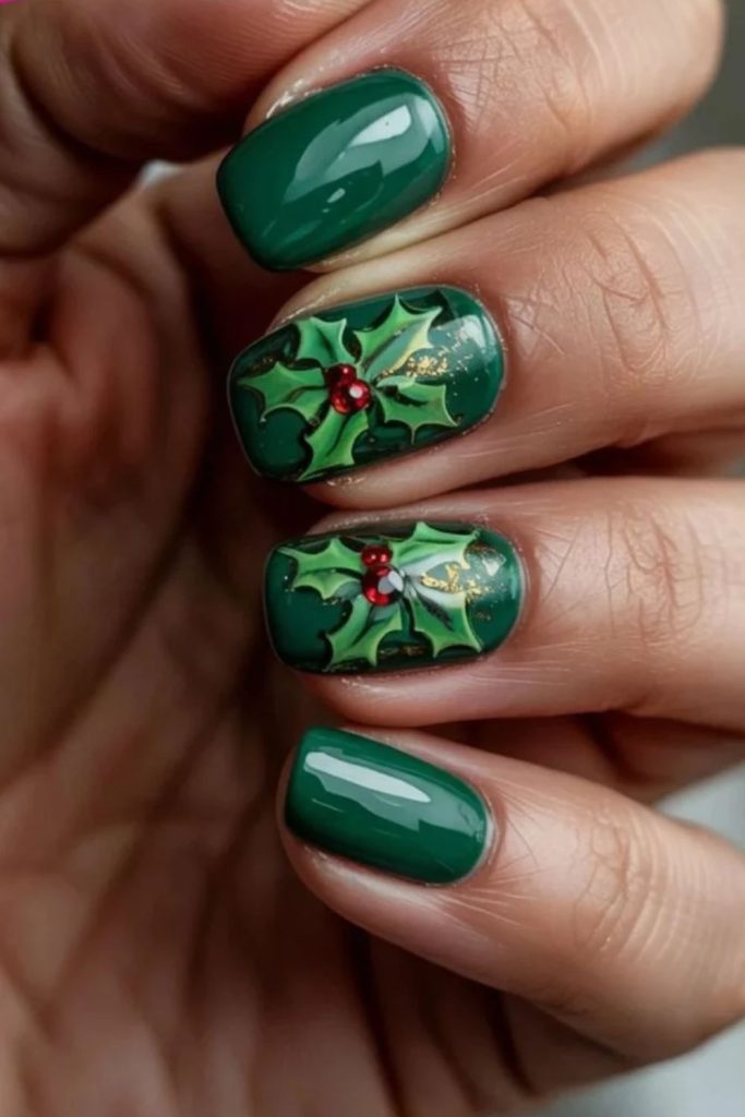 Green velvet nails with vibrant red poinsettias.