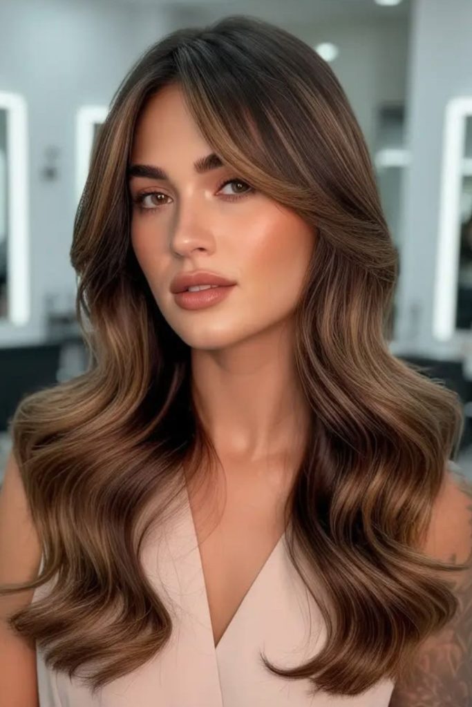 Hazelnut balayage waves with dimensional brown tones.