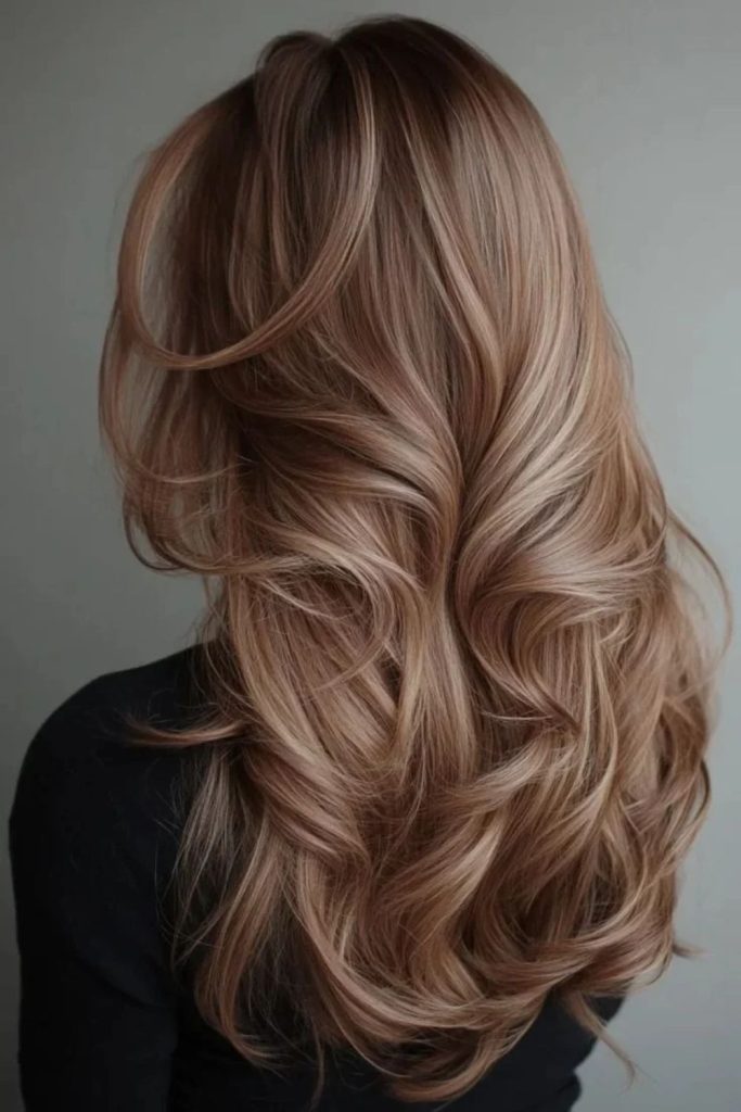 Hazelnut blonde balayage with blended brown tones.