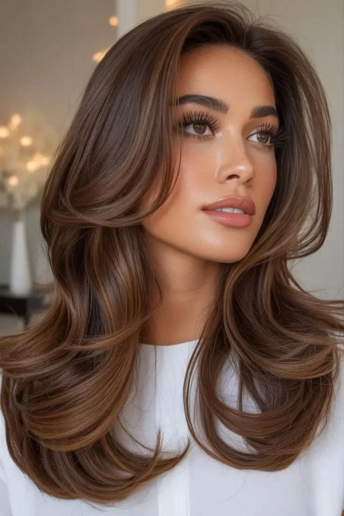 Hazelnut brown face framing layered hairstyle.