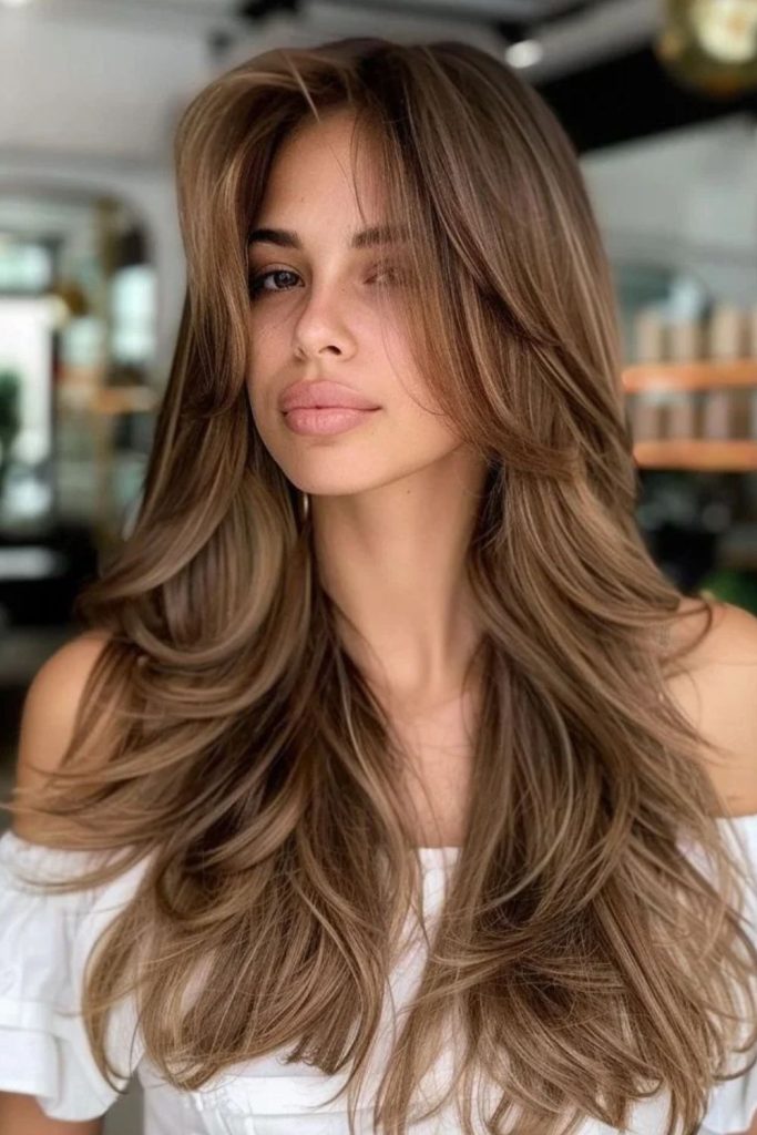 Hazelnut brown hair with caramel ribbons.
