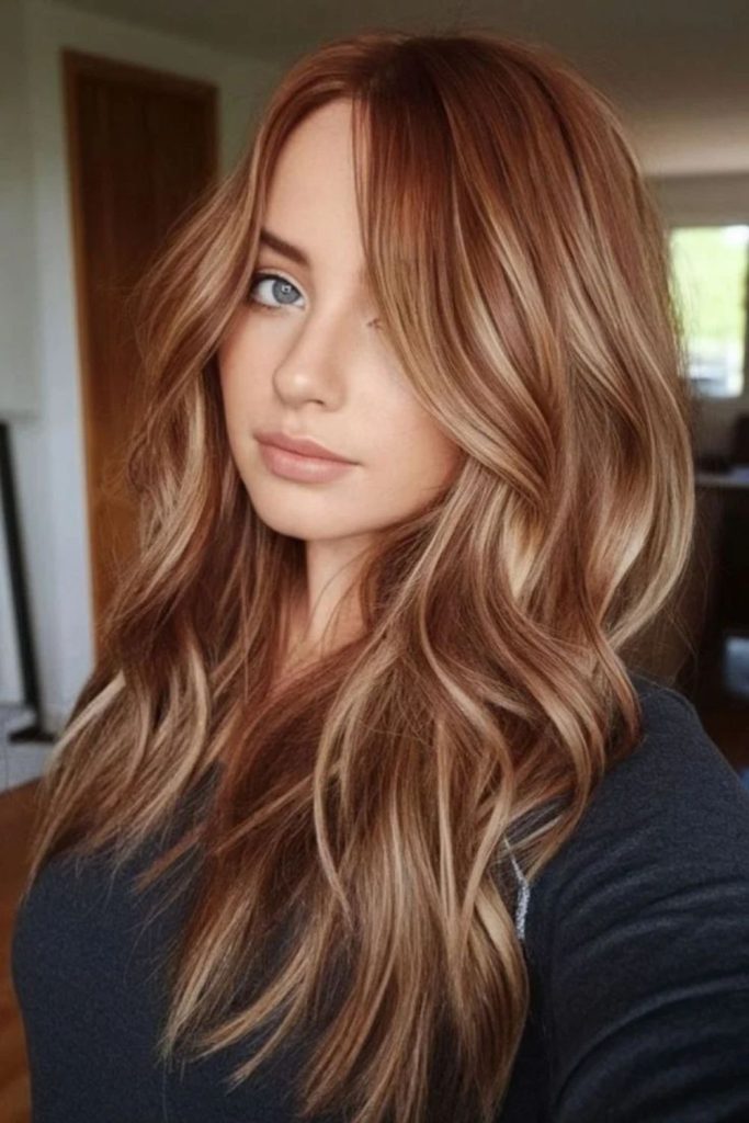 Honey gingerbread highlights on warm brunette hair.
