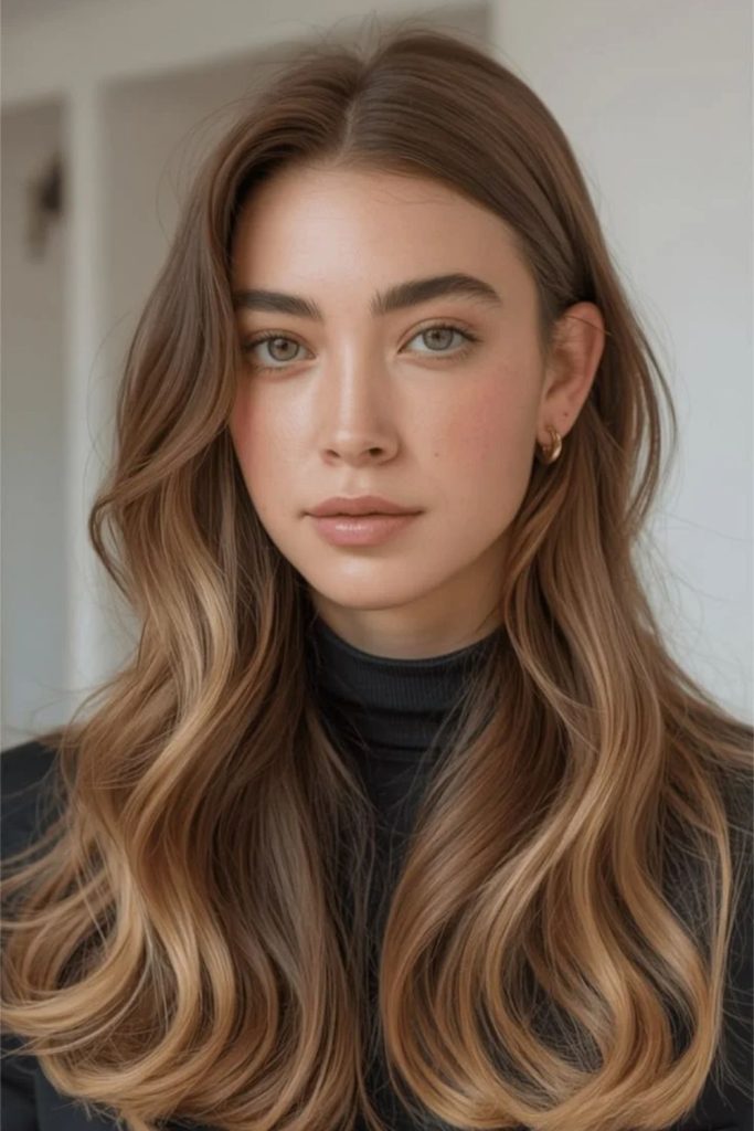 Honeyed toffee glow on brunette hair.