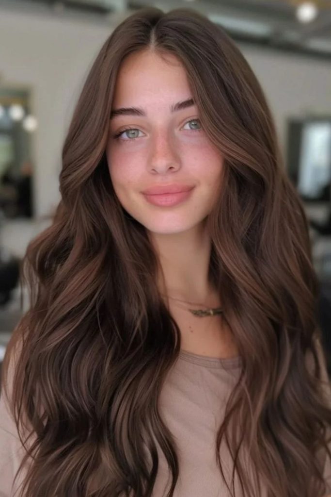 Cocoa brown hair with caramel balayage.