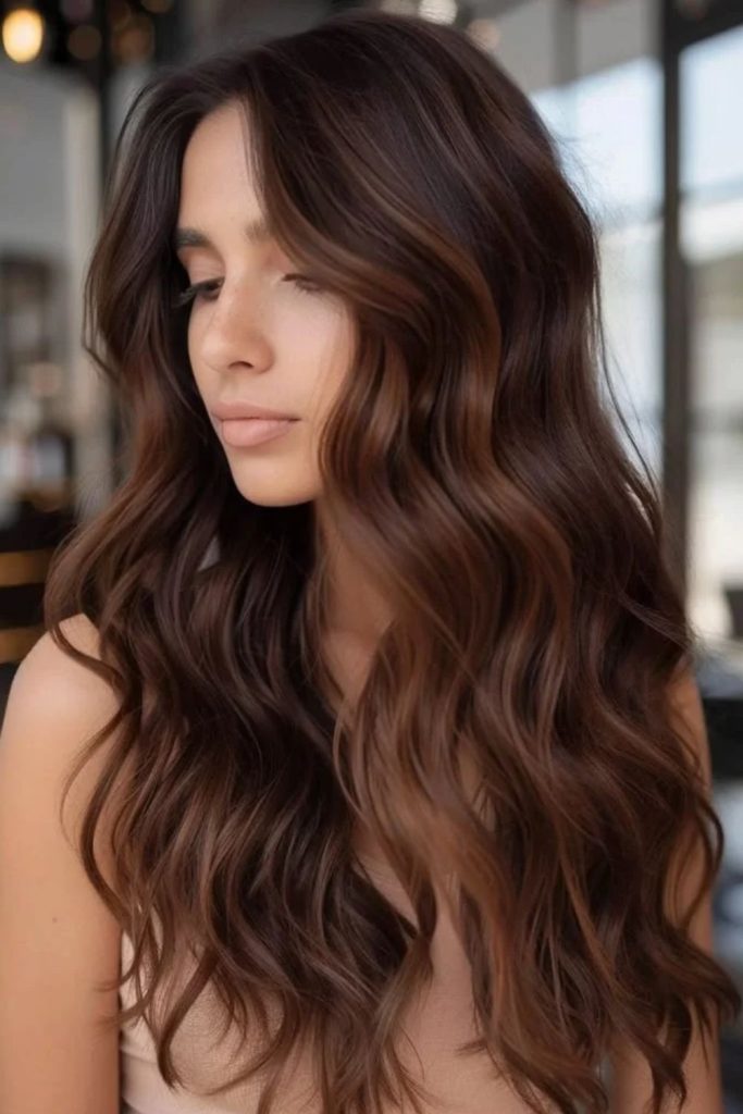 Cocoa brown hair with caramel money pieces.