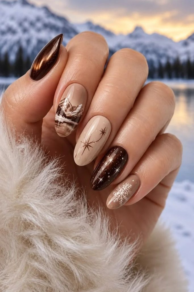 Cozy hot cocoa winter ski nails.
