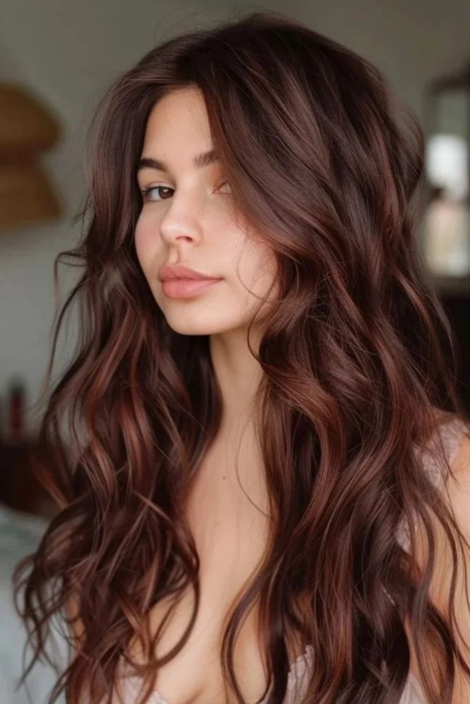 Cocoa brown hair with auburn balayage.