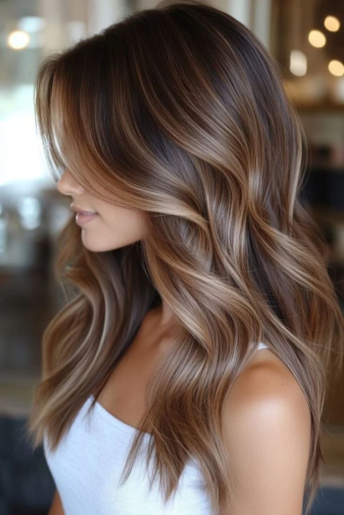 Cocoa brown hair with beige highlights.