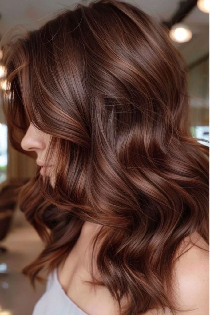 Cocoa brunette hair with copper highlights.