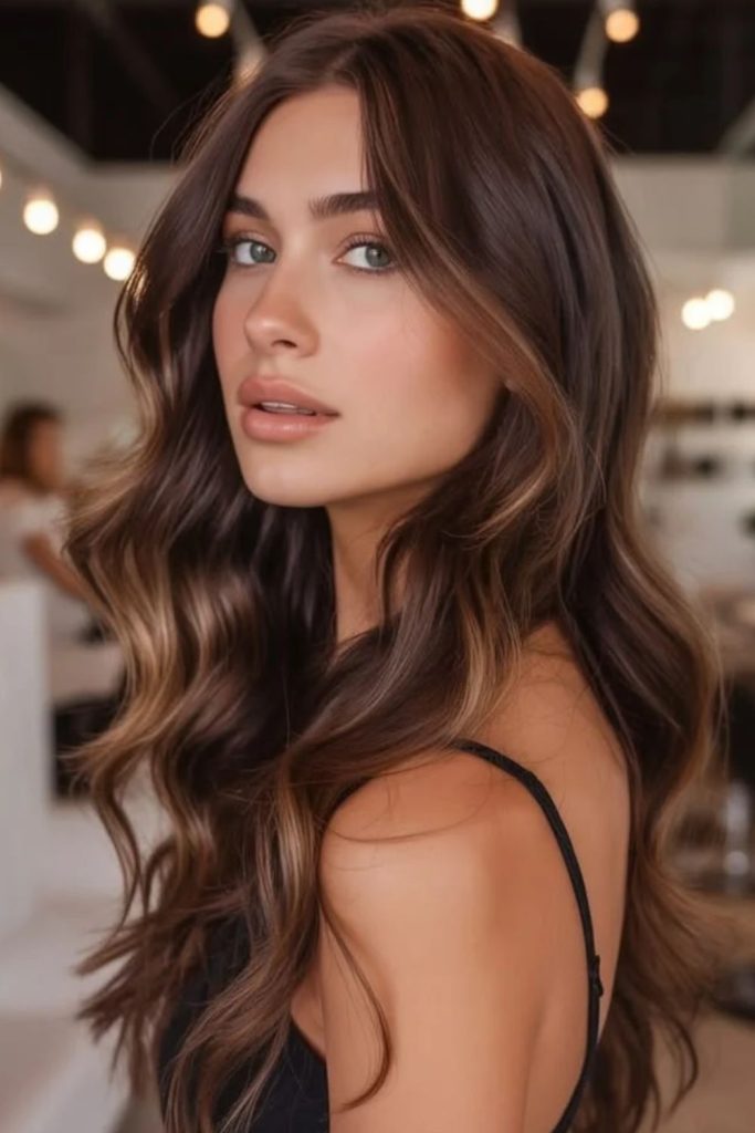 Cocoa brown hair with face framing highlights.