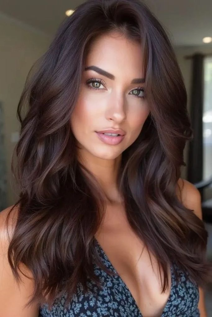 Hot cocoa brown hair with plum undertones.