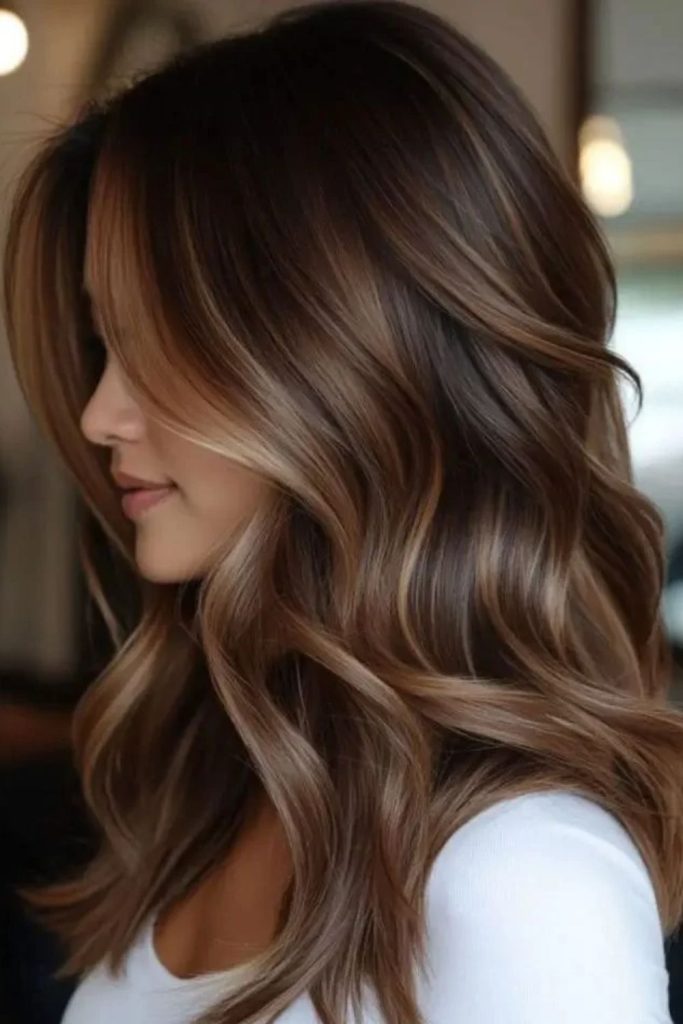Cocoa brunette hair with toffee ribbons.