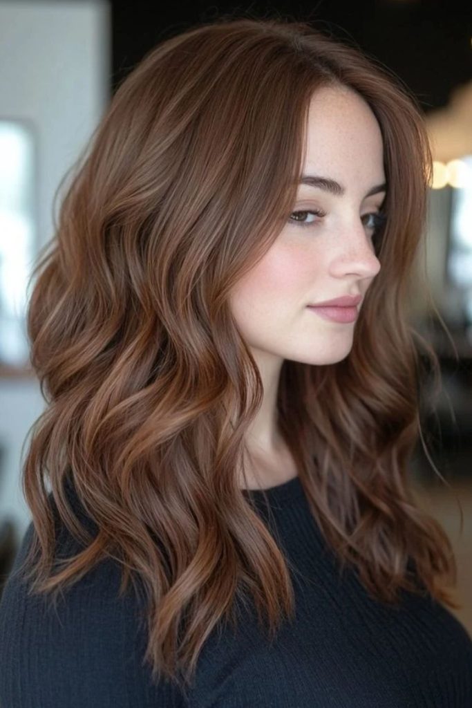 Mocha brown hair with honey highlights.