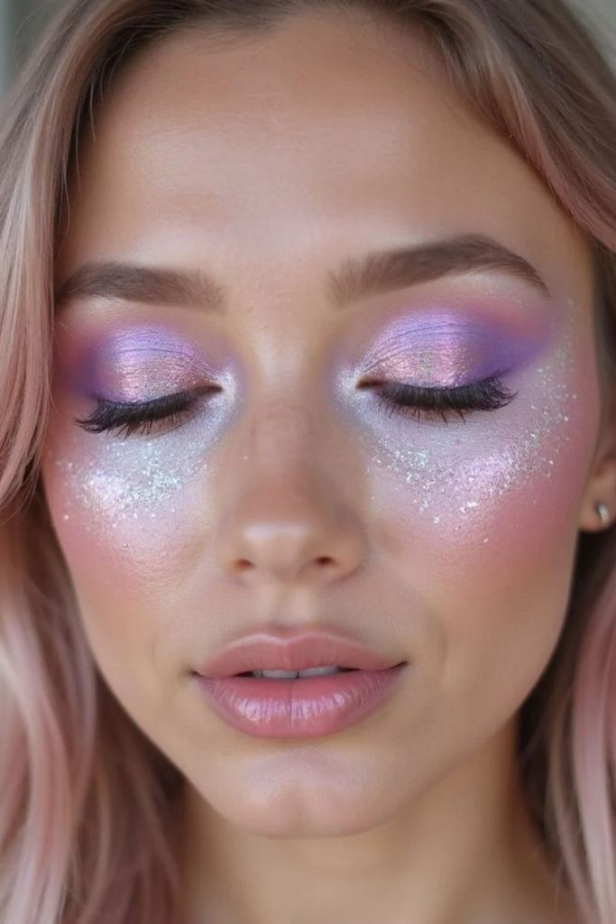 Lilac stardust fairy makeup look.