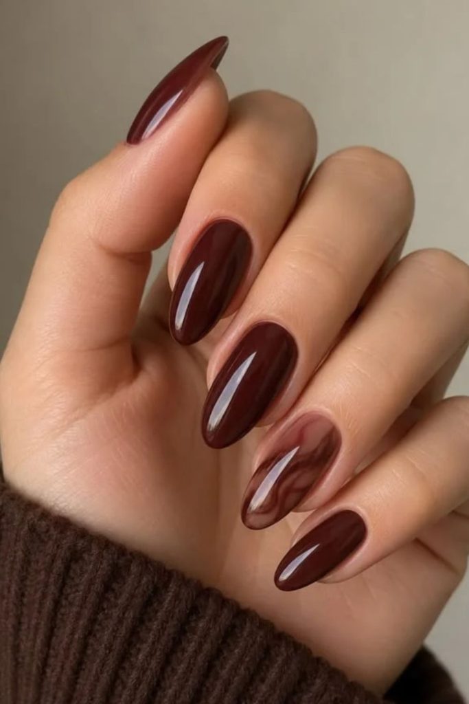 Long almond cherry mocha manicure.