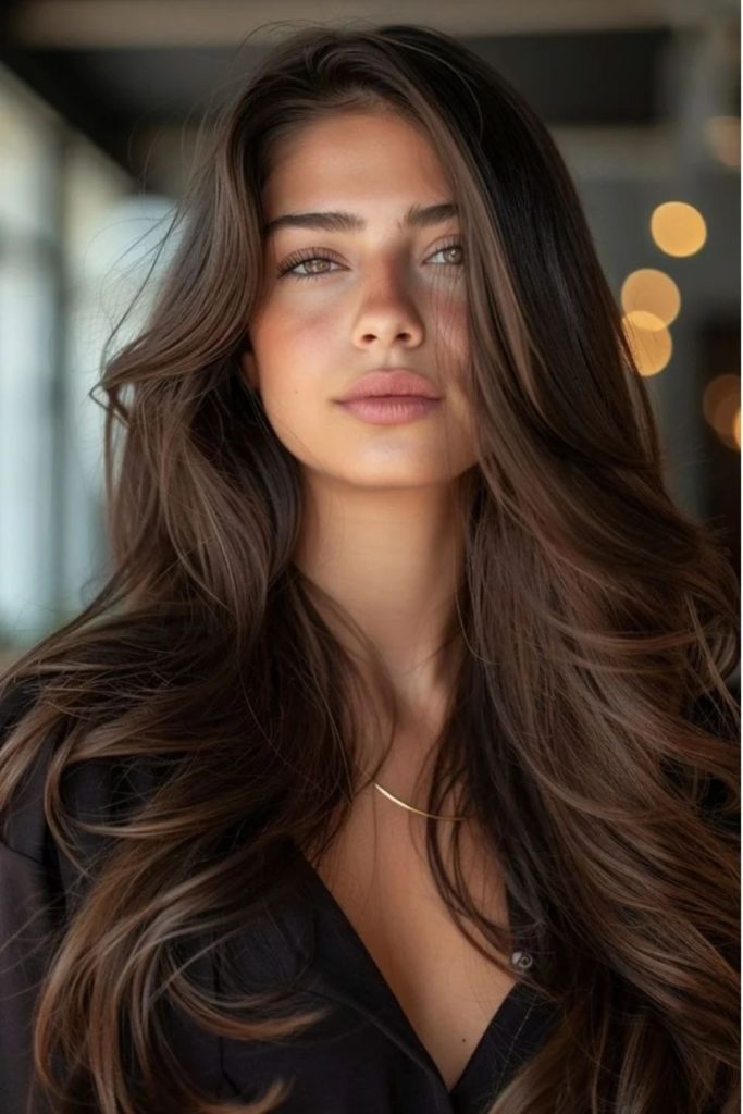 Luxurious glossy hot cocoa brunette hair.