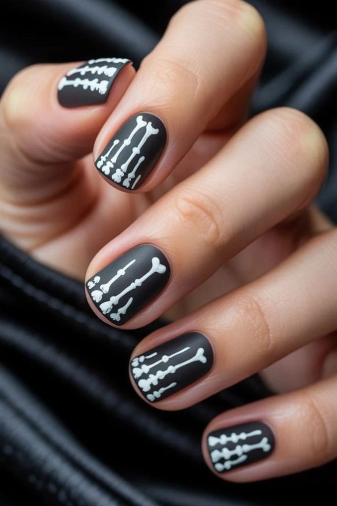 Matte Black Skeleton Nails with Contrasting White Bones