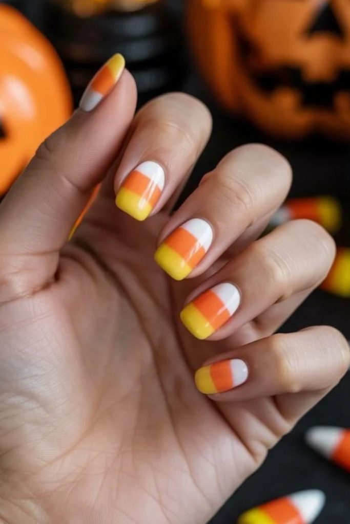 Matte yellow orange and white candy corn nails.