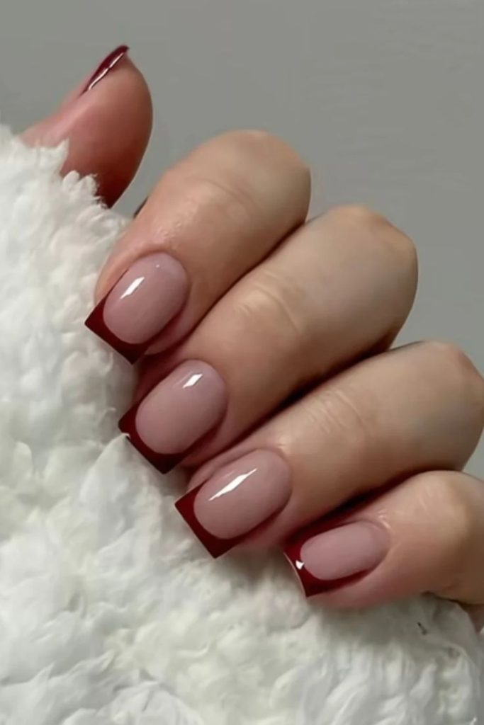 Minimal cherry mocha micro French nails.