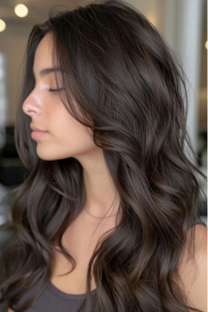 Midnight espresso brown glossy long hair.
