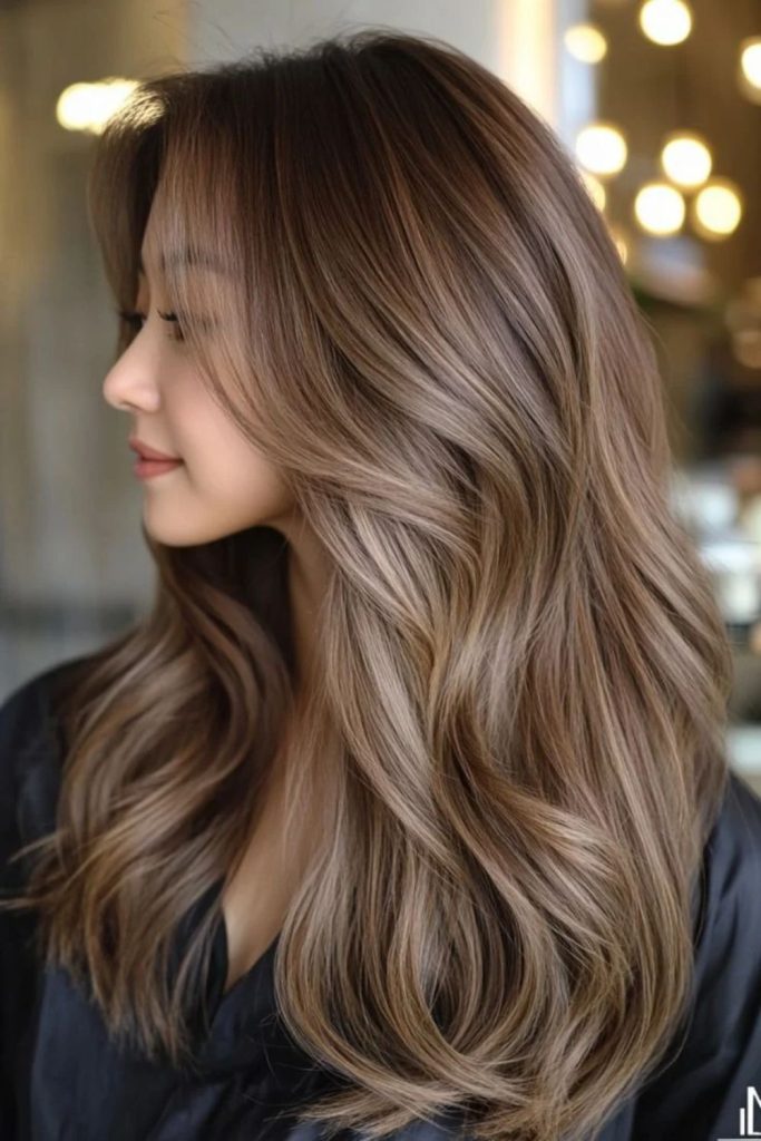 Beige balayage on creamy chocolate hair.