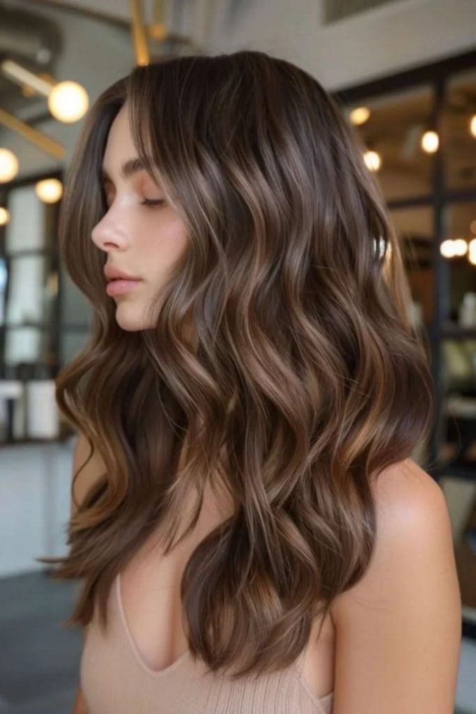 Caramel money pieces on chocolate hair.