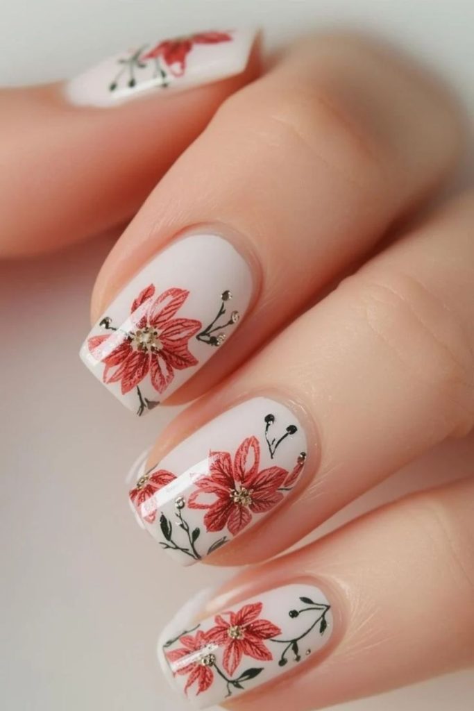 Milky white nails with elegant red poinsettias.